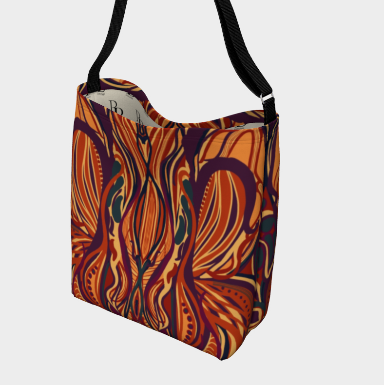 Tote bag with orange and purple abstract pattern on a light gray background
