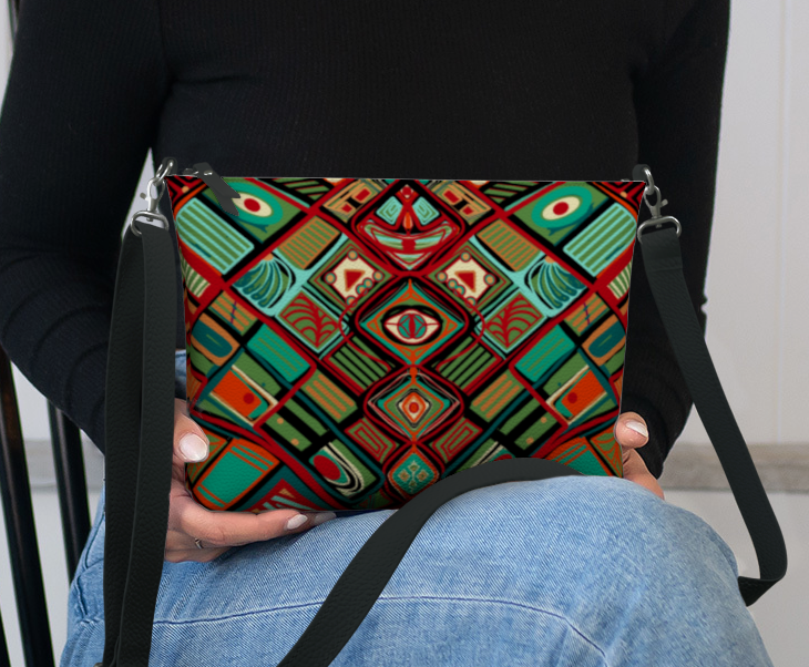 Person holding a colorful patterned bag on a black chair.