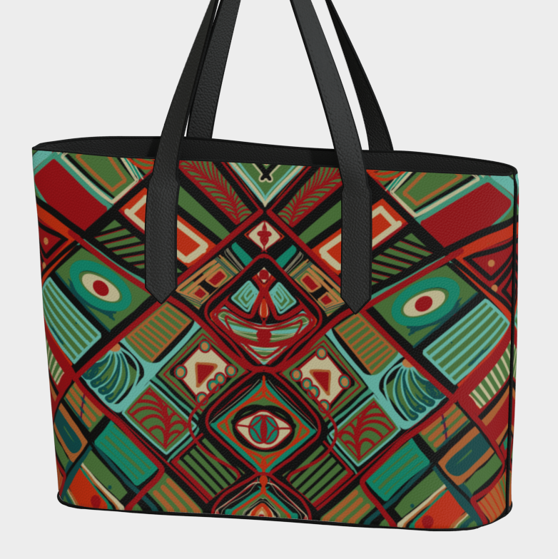 Colorful patterned tote bag with black handles on a white background