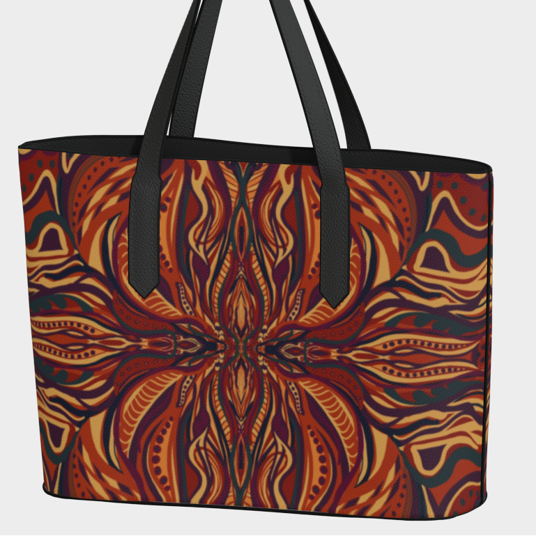 Tote bag with a colorful abstract pattern on a white background