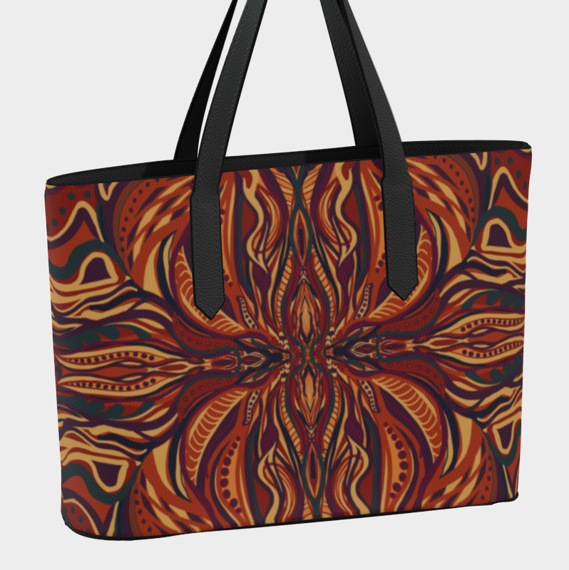 Tote bag with a colorful abstract pattern on a white background