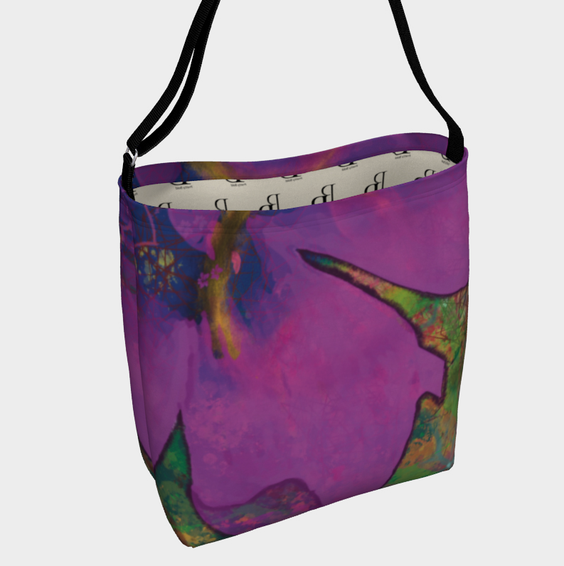 Colorful tote bag with a black strap on a white background