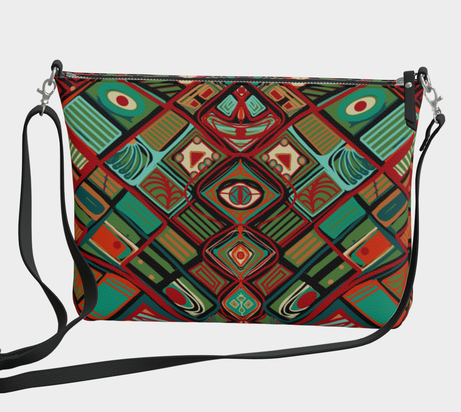 Multicolored patterned handbag with a strap on a light gray background