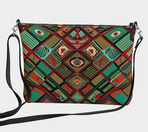 Multicolored patterned handbag with a strap on a light gray background