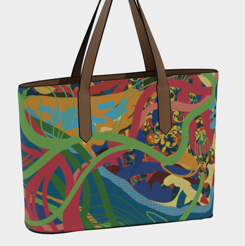 Colorful tote bag with abstract design on a white background