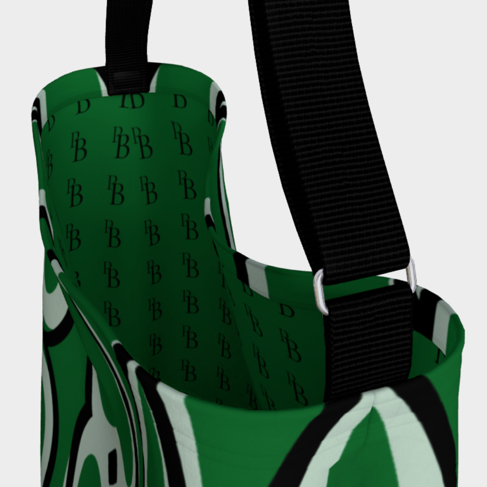 Green bag with black straps on a light gray background