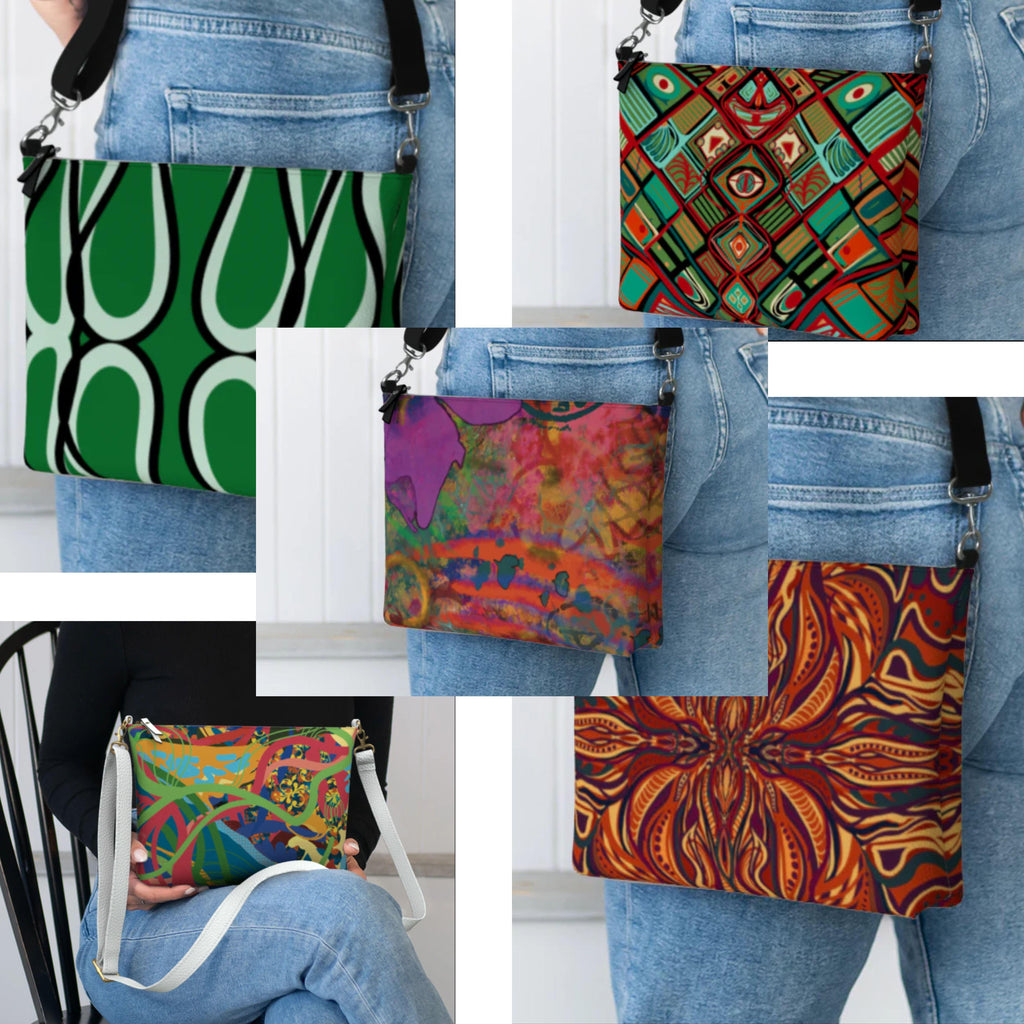 Collage of colorful patterned bags worn by people against a white background