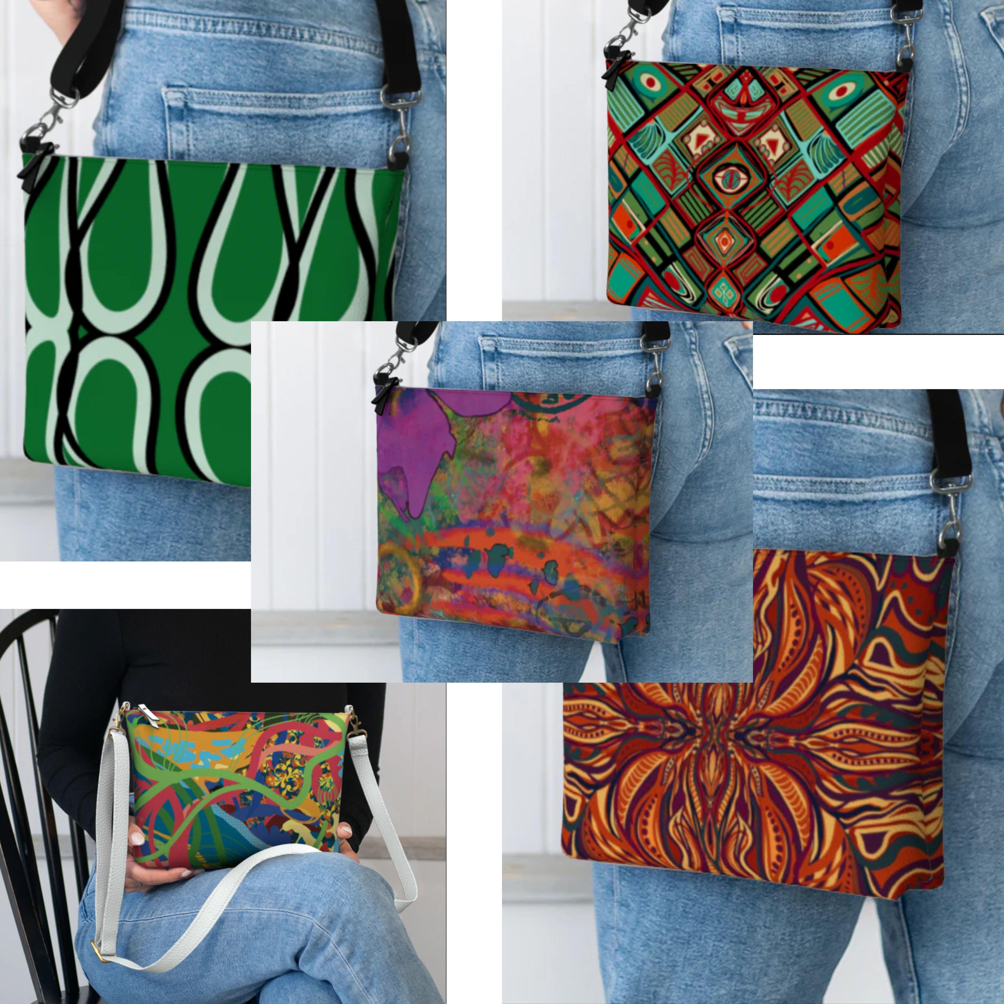 Collage of colorful patterned bags worn by people against a white background