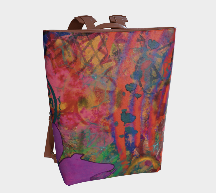 Colorful abstract-patterned backpack on a light gray background