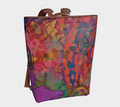Colorful abstract-patterned backpack on a light gray background
