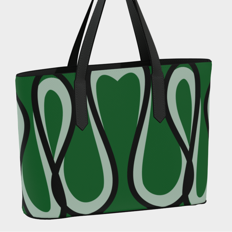 Green tote bag with abstract pattern on a white background