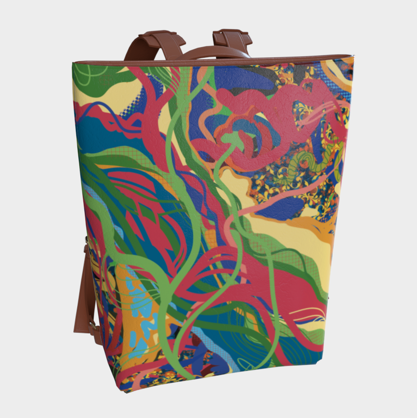Colorful abstract-patterned backpack on a white background