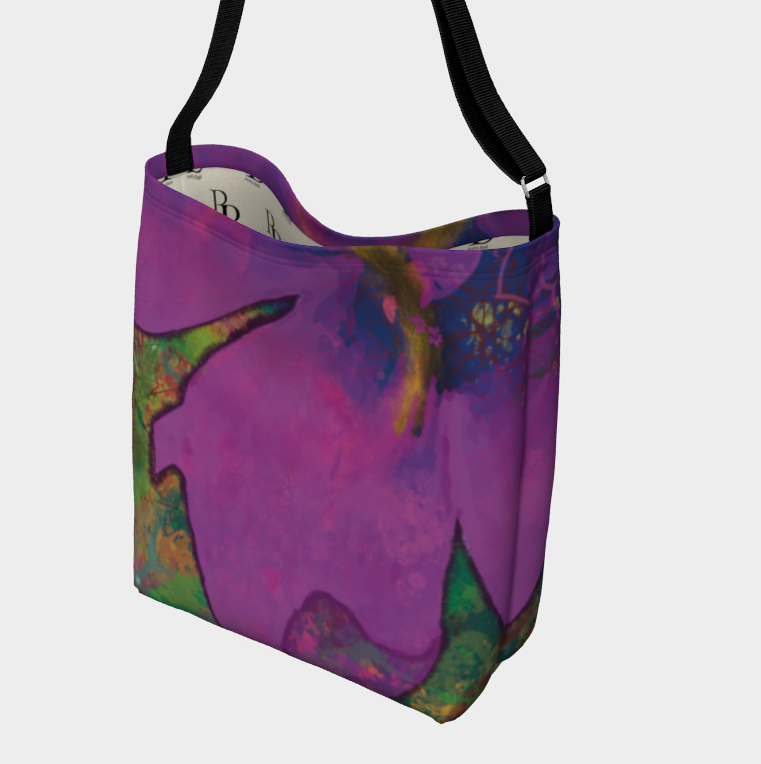 Colorful shoulder bag with abstract design on a light gray background
