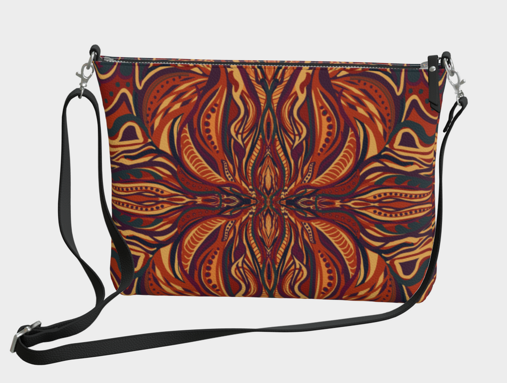 Crossbody bag with a vibrant, abstract pattern on a light gray background
