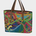 Colorful tote bag with abstract design on a white background