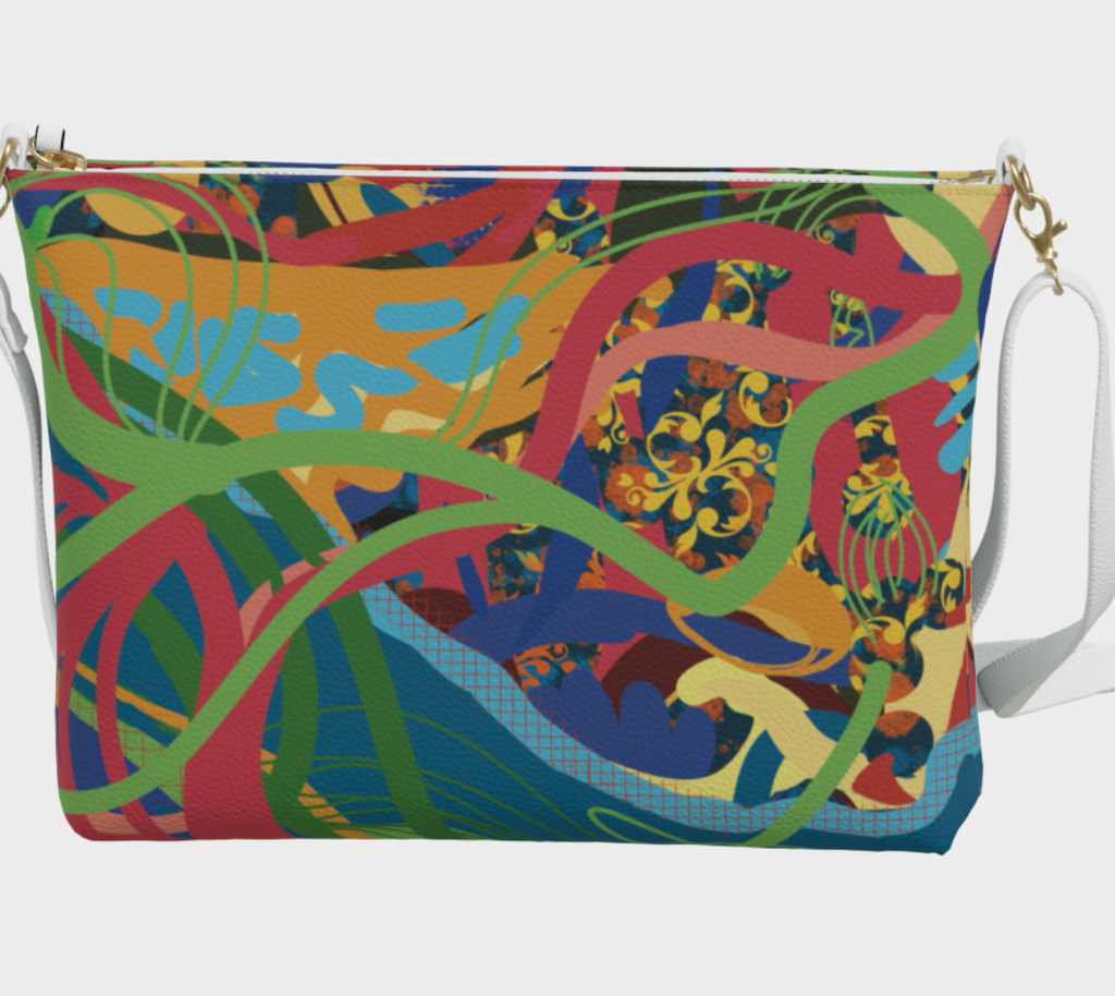Colorful patterned bag with a white strap on a light gray background