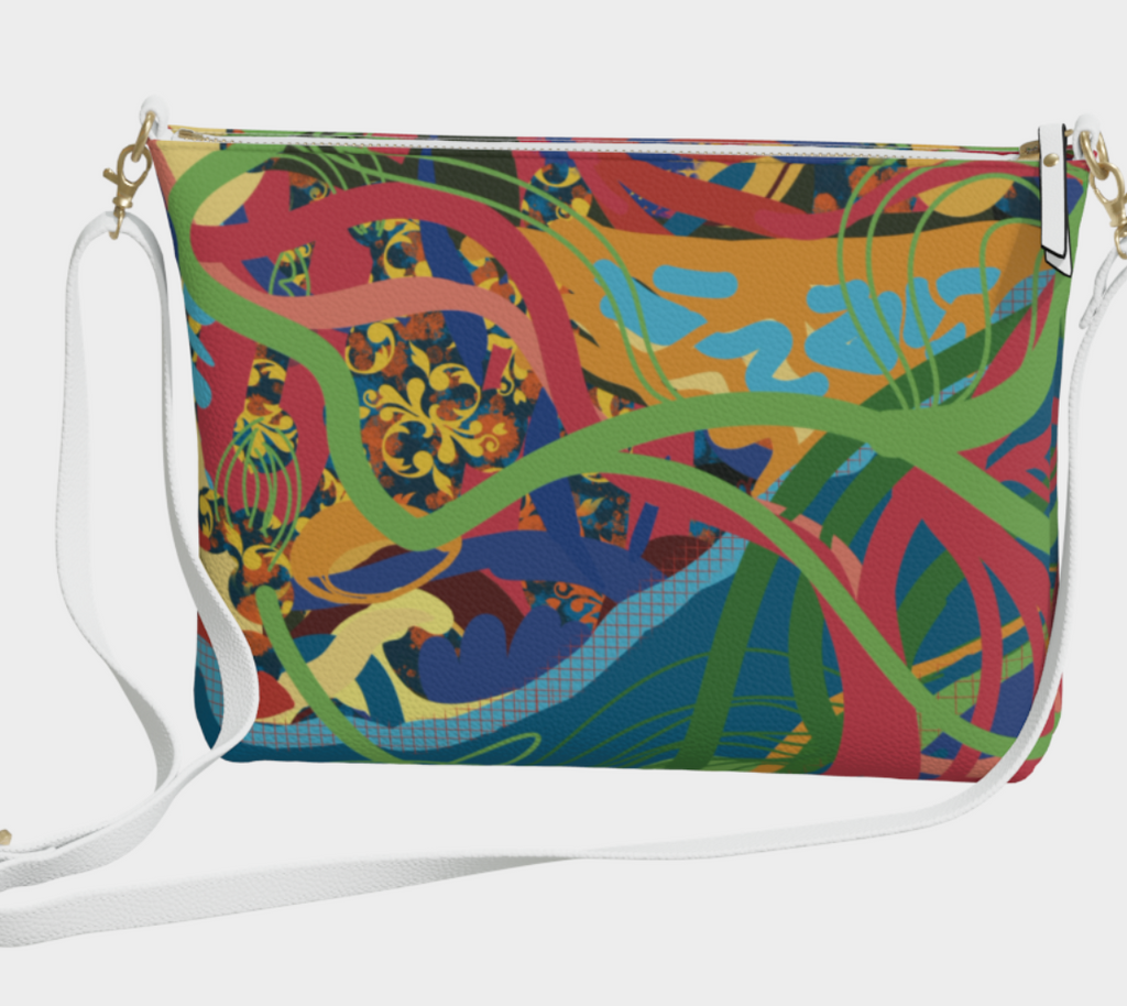 Colorful patterned handbag with a white strap on a light gray background