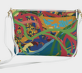 Colorful patterned handbag with a white strap on a light gray background